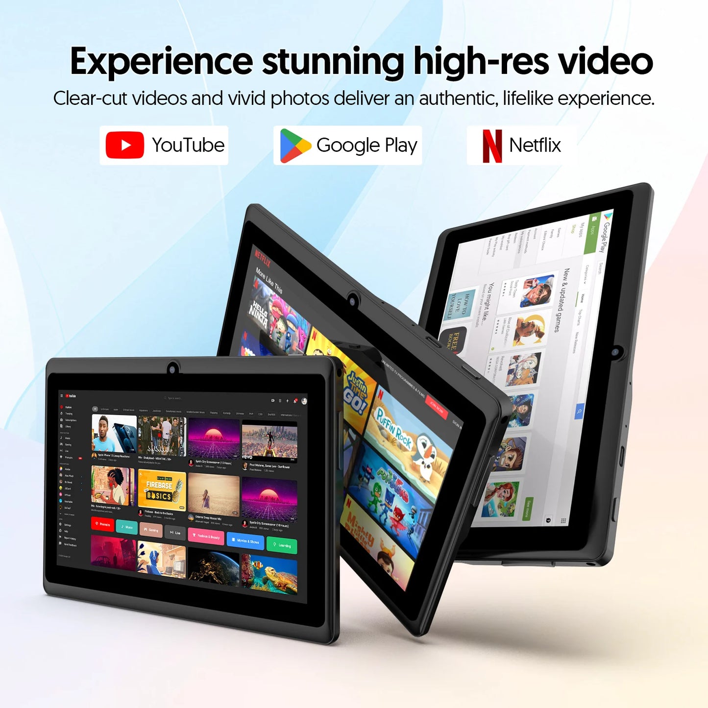 7-inch Android 13 Tablet, 4 (2+2) GB RAM, 32GB storage, 3500mAh battery, HD 1024x600 IPS display, Dual cameras, WiFi, Bluetooth