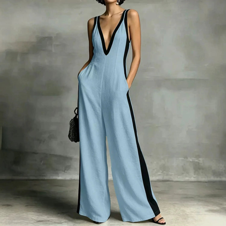 2026 summer new fashion women's V-neck sleeveless contrasting color suspender wide-leg jumpsuit