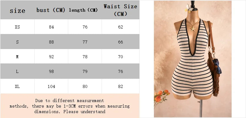 Women's Vacation Striped Knitted Textured Wave Fabric Deep V-Neck Backless Jumpsuit, Stylish and Fitted Jumpsuit Suitable for Pa