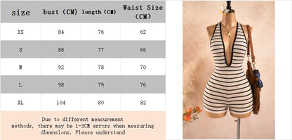 Women's Vacation Striped Knitted Textured Wave Fabric Deep V-Neck Backless Jumpsuit, Stylish and Fitted Jumpsuit Suitable for Pa