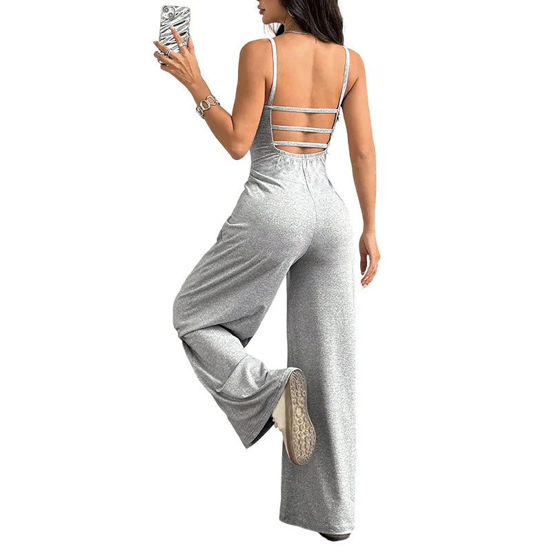 Casual Jumpsuit Jumpsuits For Woman Sling Women's Clothing Solid Color Backless Sleeveless Loose Wide Legs Trouser Simple Style