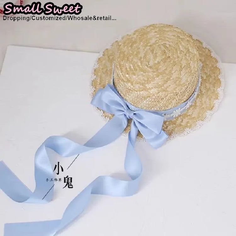 Small Sweet Store Lolita Straw Hat Lolita Princess Lace Bow Ribbon Straw Hat Women Girls Summer Straw Hats Beach Sun Hat