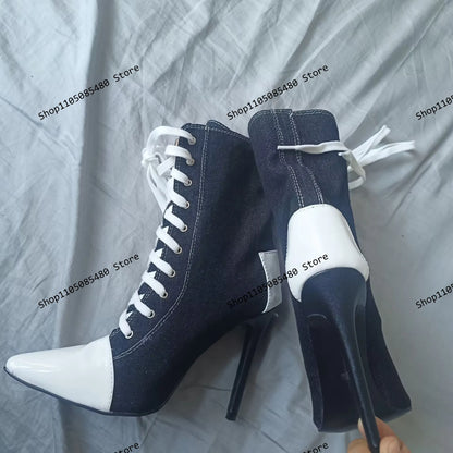 Pointed Toe Mid Calf Boots Women Sexy Patchwork Faux Jeans High Heels Shoes Ladies Lace Up Fashion Mixed Colors Biker Boots 44