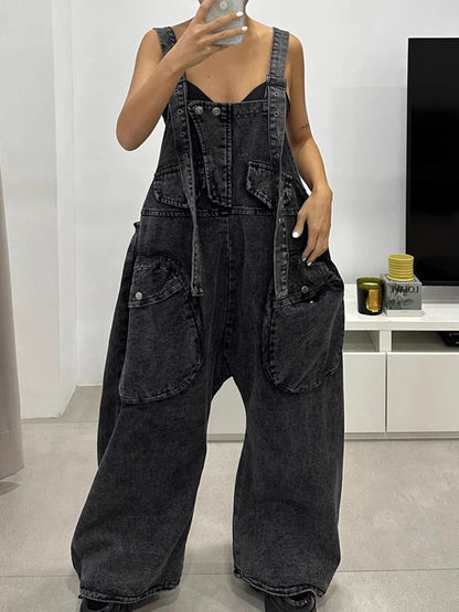 TWOTWINSTYLE Casual Denim Jumpsuit For Women Square Collar Sleeveless High Waist Patchwork Pockets Jumpsuits Female Fashion New