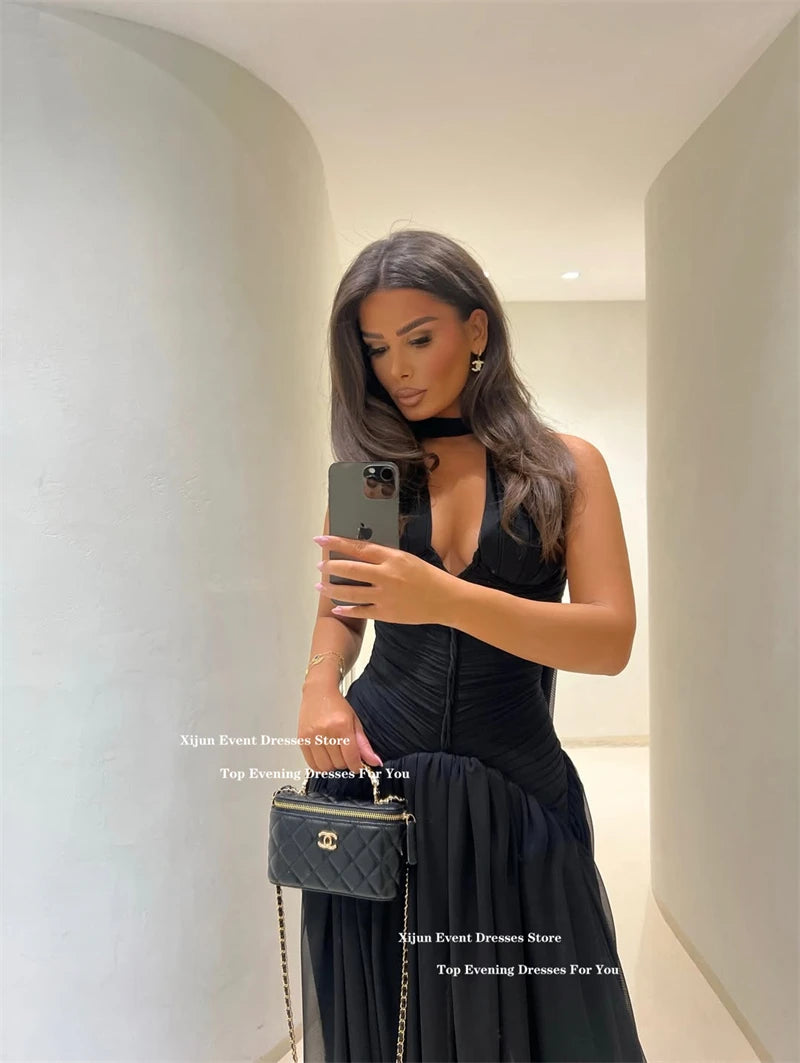 Xijun Modern Chiffon Long Evening Dresses Halter Sleeveless A-Line Prom Dresses V-Neck Formal Occasion Prom Gowns Customized
