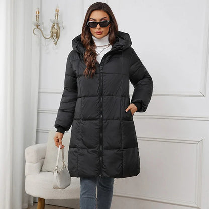 Winter Women's Long Coat Windproof Warm Padded-Cotton Coat Simple Loose Hooded Parkas Fashion Plaid Quilted Jackets for Woman