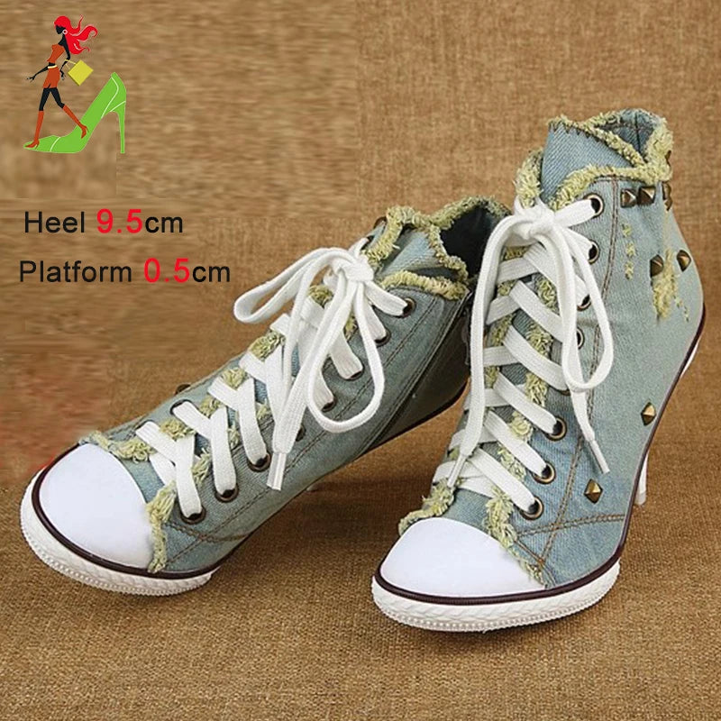 2024 NEW Spring High Heels Rivet Black Shoes Women Fashion Thin Heels Denim Canvas Shoes High Top Round Toe Lace Up Ladies Boots
