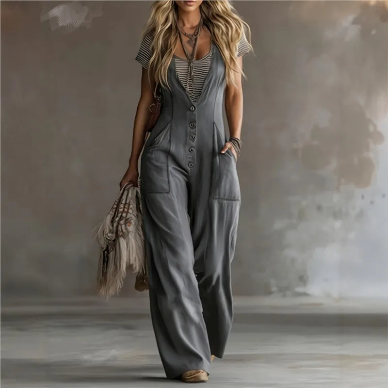 Women's Solid Color Jumpsuit Summer Fashion V-neck Button Semi Open Design Loose Jumpsuits With Pocket Ladies Office Overalls