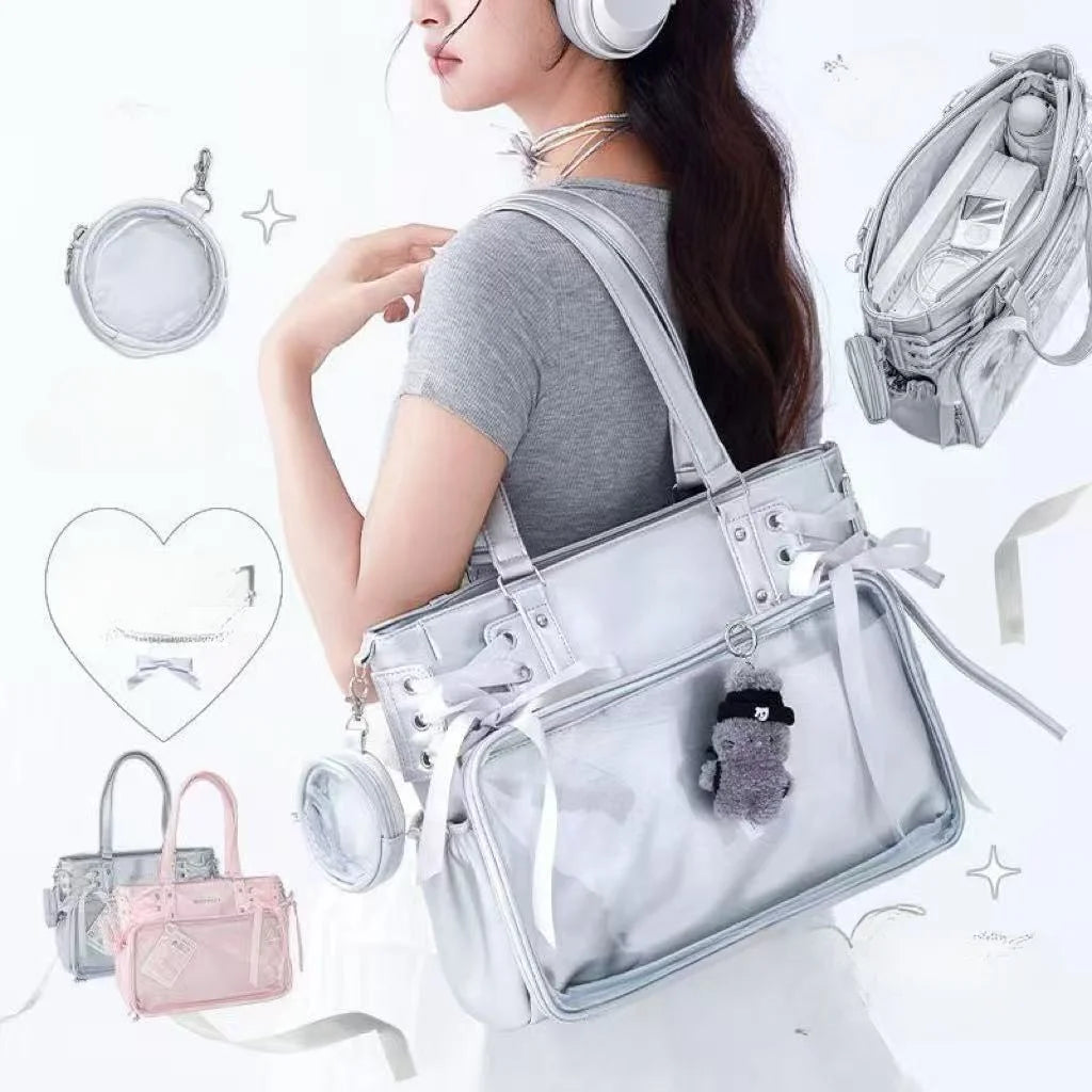 Sweet Cute Bow Shoulder Bags Women Horizontal Transparent Large Capacity Anime Ita Bag Ladies Harajuku Solid Color Handbag Chic