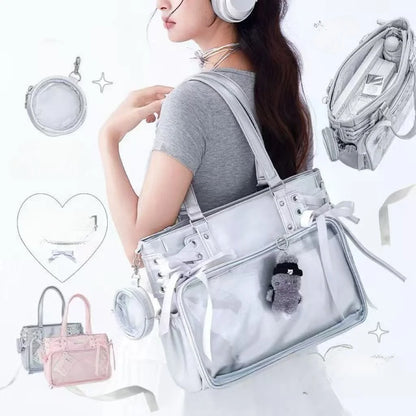Sweet Cute Bow Shoulder Bags Women Horizontal Transparent Large Capacity Anime Ita Bag Ladies Harajuku Solid Color Handbag Chic