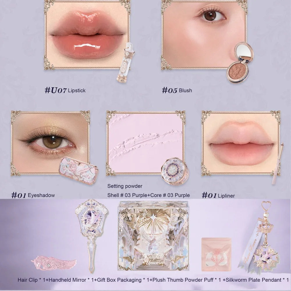 Flower Knows Knight Unicorn Collection Makeup Gift Set Perfumes Lipstick Blush Cloud Setting Powder Eye Shadow Cosmetics Kit