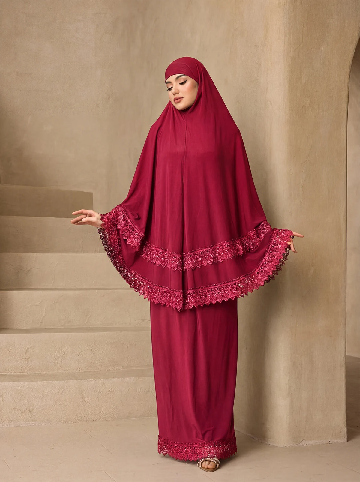 Elegant Multi Layer Lace Trim Khimar Abaya Two Piece Set, Modest Prayer Long Dress For Muslim Women Eid Daily Religious Wear