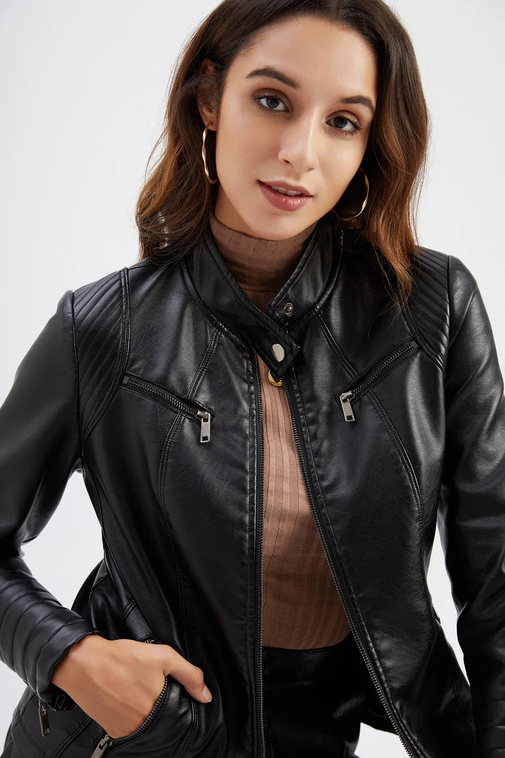 2026 Women's Bright Red V-neck Leather Jacket, Fashion Slim PU Coat, Black Short Outerwear Asia Size XS S M L XL XXL