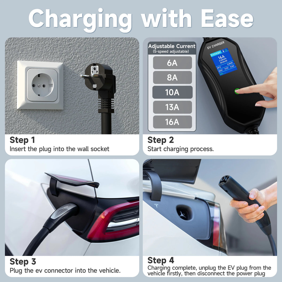 3.6kW Portable TS‑NACS EV Charger for Tesla 2.8" LCD Display Delay & Schedule Timing Electric Vehicle Charging Plug Station