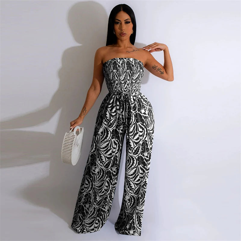 Elegant Print Jumpsuits for Woman Romper Sleeveless Backless Strapless High Waist Loose Straight Wide Leg Jumpsuit Club Clothing