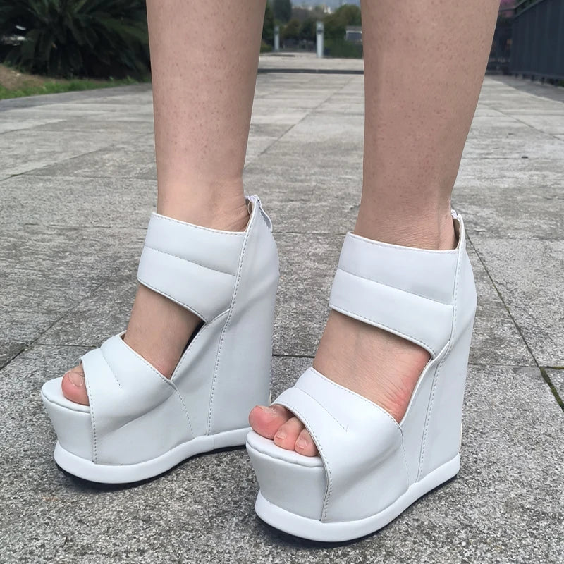 Women Thick Bottom High Heels White Platform Summer Roman Sandals 14CM Gladiator Non-Slip Wedge Shoes Model Sandalies Plus Size
