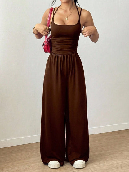 Women's Sleeveless Halter Jumpsuit - Ruched Waist, Wide Leg Pants, Soft Casual One-Piece Romper for Daily Wear