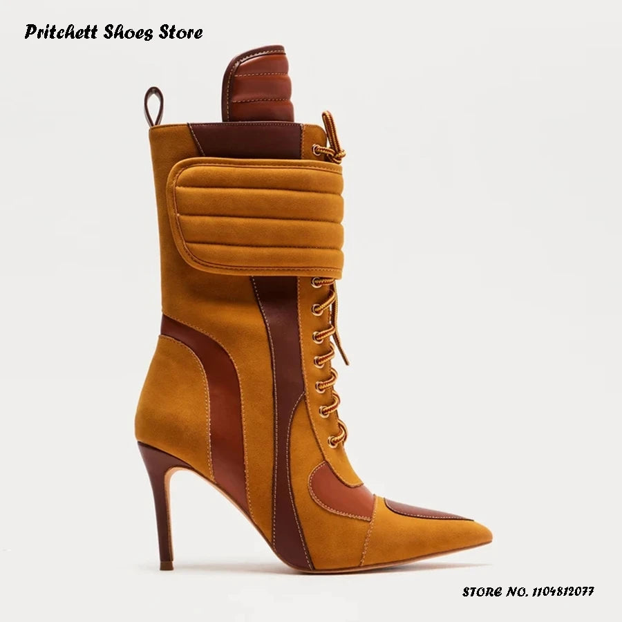 Women's Sports Style Stiletto Booties Patchwork Cross-tied Trending Ankle Boots Pointed Toe Thin Heels Side Zip Plus Size Shoes
