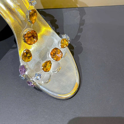 New silver rhinestone transparent straight strap sandals with slim heels and exposed toes, fashionable and stylish crystal shoes