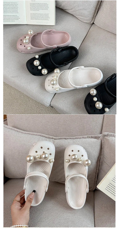 Clogs Summer Slippers Women Luxury Pearl Metal Flower Mary Janes Designer Ballet Shoes Girls Corc Charms Sandals Indoor Outdoor