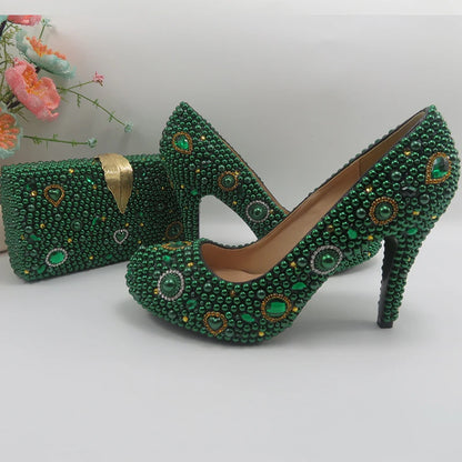 Fashion New Arrival Green Pearl Bridal Shoes and Bag Set Woman Party Dress Shoes Big Size Ankle Strap Buckle Shoes High Pumps