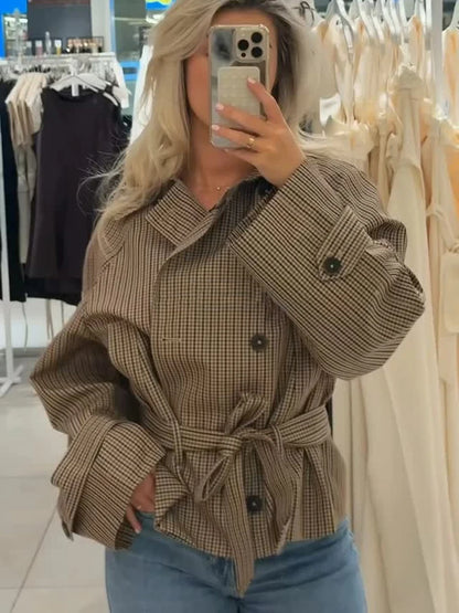 Long Sleeve Plaid Cropped Trench Coat Women Lapel Double Breasted Belted Waist Loose Checkered Short Jacket Lady Autumn Coats