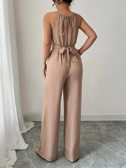 Women's Spring/Summer Casual Pleated Fabric Halterneck Beaded Waist Button and Tie Design Maxi Jumpsuit
