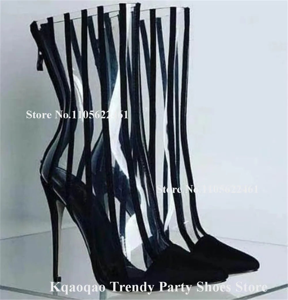 Kqaoqao Red Silver White Stripes Patchwork Stiletto Heel Short Boots Pointed Toe Transparent PVC Thin Heel Ankle Booties