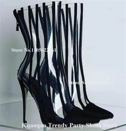 Kqaoqao Red Silver White Stripes Patchwork Stiletto Heel Short Boots Pointed Toe Transparent PVC Thin Heel Ankle Booties