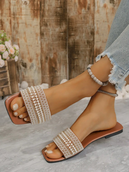 Women's Flat Bottom Sandals 2025 Summer New Style Beaded Rhinestone Shoes Womens Outdoor Fashion Slippers