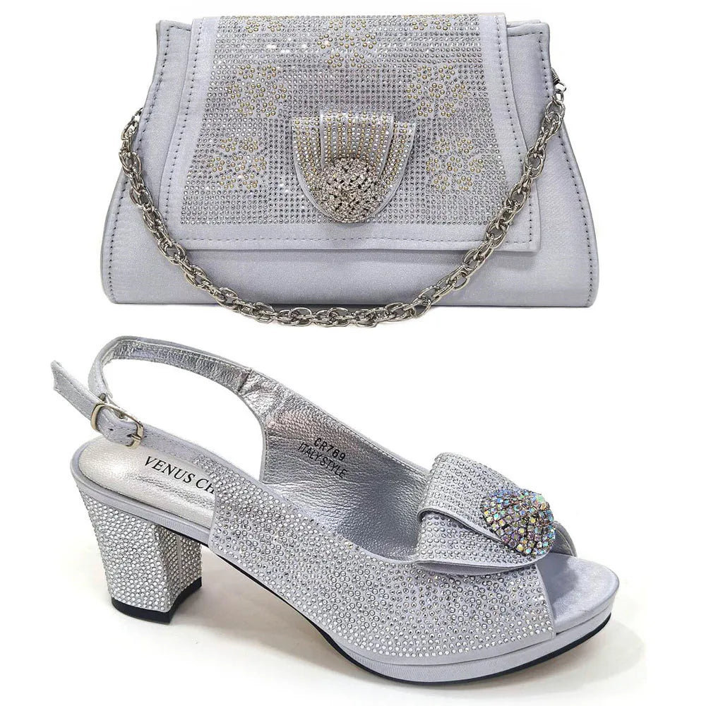2025 New Hot Selling Sliver Sexy Design Round Toe Ladies Sandal with Bag Set For Women Wedding Party