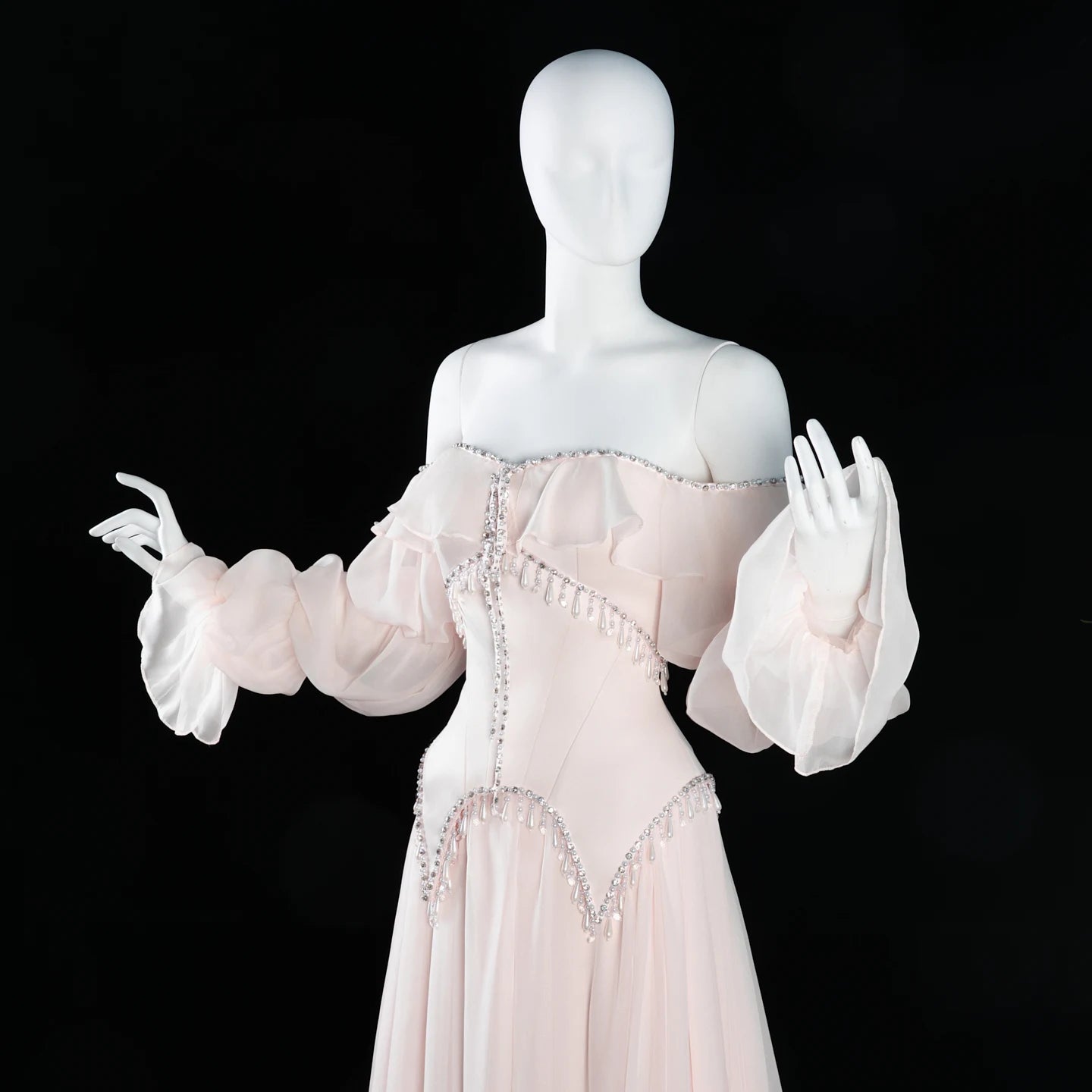 Sharon Said Evening Dresses Luxury A-Line Off Shoulder Chiffon Pearls Crystals Puff Sleeves Wedding Party Gowns SS412 Customized