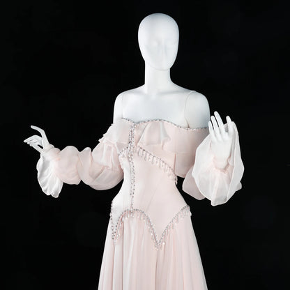 Sharon Said Evening Dresses Luxury A-Line Off Shoulder Chiffon Pearls Crystals Puff Sleeves Wedding Party Gowns SS412 Customized