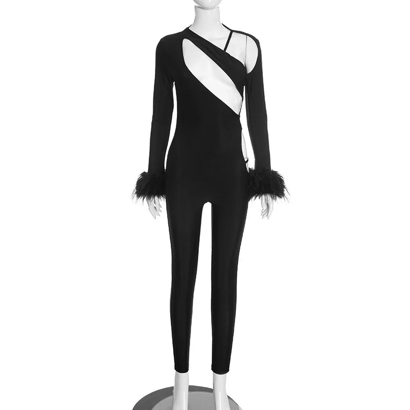 FLARORA Sexy Hollow Out Jumpsuits Woman Faux Fur Patchwork Skew Neck Full Sleeve Backless Skinny Peach Hip Party Club Overalls