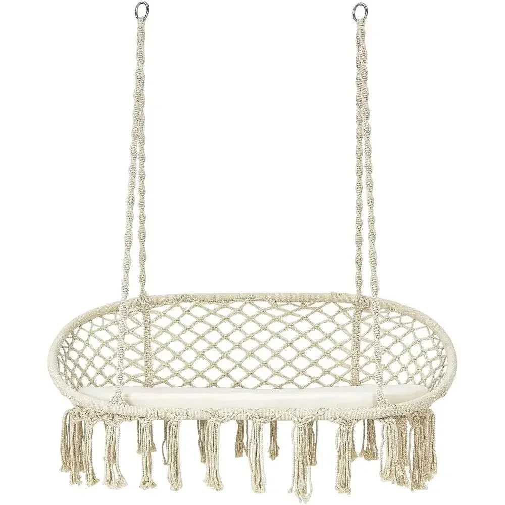 2-Seat Hammock Chair with Cushion, Cotton Ropes, and Metal Stand,440 lbs, Ideal for Indoor or Outdoor Swinging