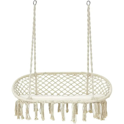 2-Seat Hammock Chair with Cushion, Cotton Ropes, and Metal Stand,440 lbs, Ideal for Indoor or Outdoor Swinging