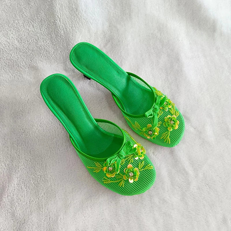 Summer mesh flower beads women slide sexy thin heel sandal