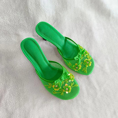 Summer mesh flower beads women slide sexy thin heel sandal