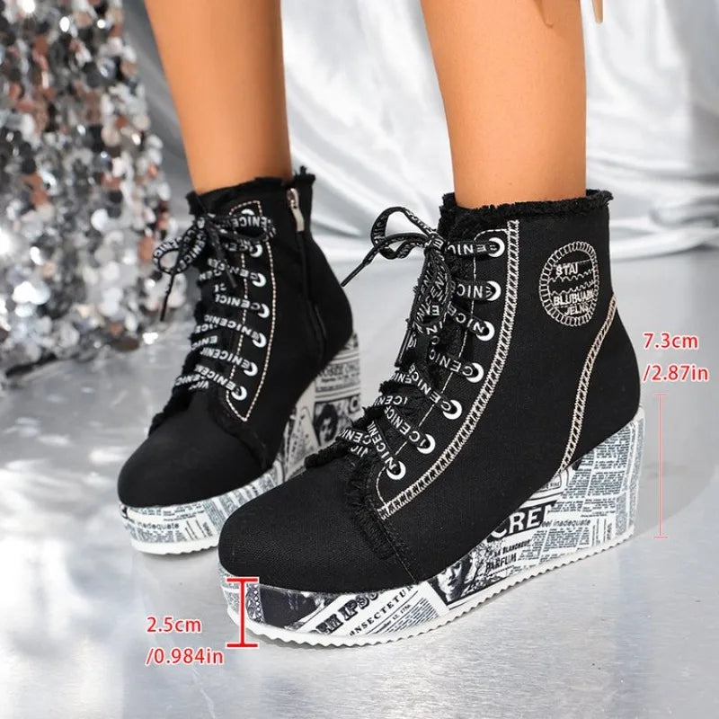 Women's Wedge Sneakers High Top Round Toe Denim-Look Lace-Up Side Zipper Letter Print Detail Casual Platform Ankle Boots 2026