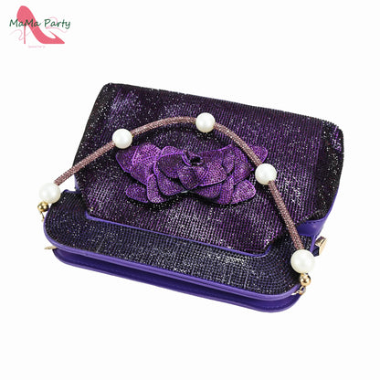 Purple Color New Arrivals Italian Design Nigerian Women Shoes and Bag Set Pointed Toe Slipper with Shinning Crystal for Party