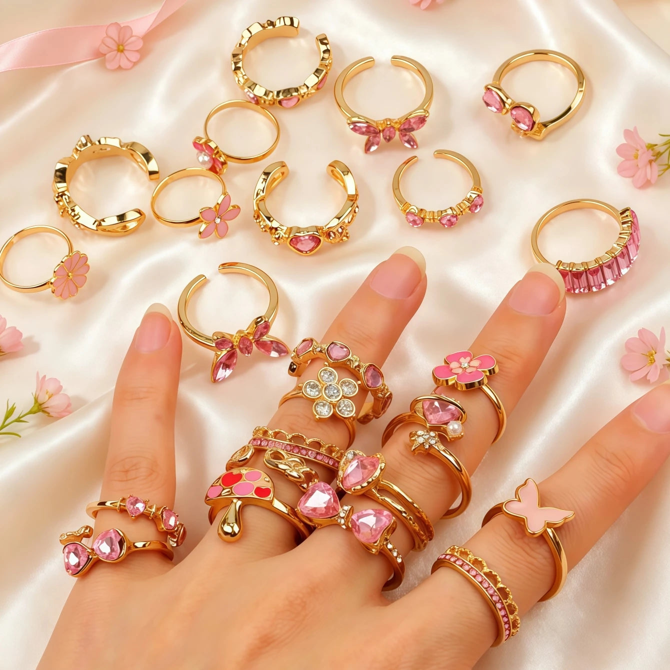 10Pieces Fashion Pink Rhineston Rings Set For Women Mix Style Butterfly Heart Love Open Adjustion Daily Jewelry Party Gifts