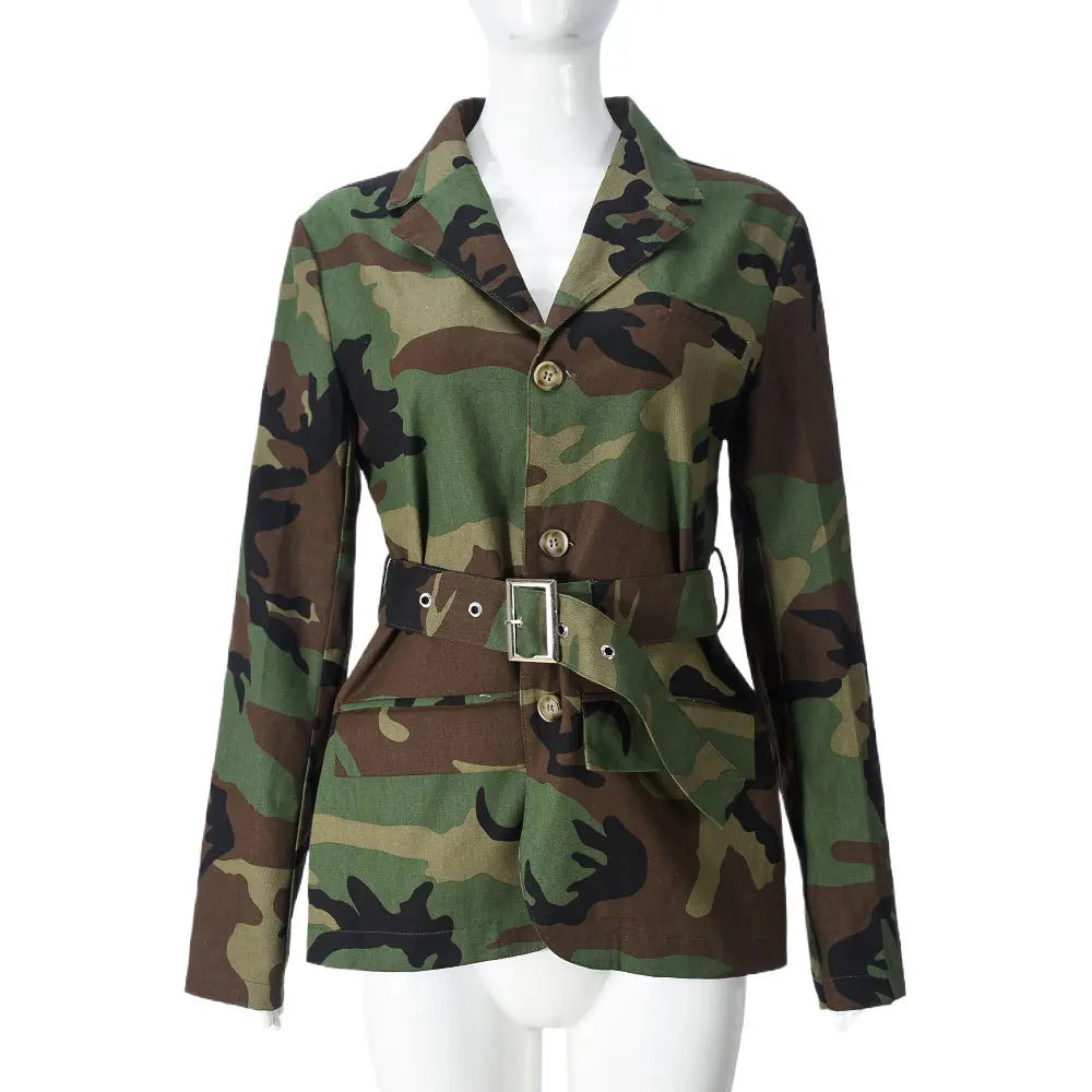 Women Camouflage Coats Belted Jacket Long Sleeves Notch Lapel Collar Single Breasted Slim Streetwear Casual 2025 Spring Autumn