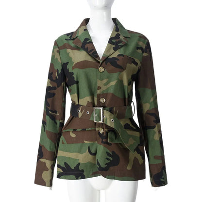 Women Camouflage Coats Belted Jacket Long Sleeves Notch Lapel Collar Single Breasted Slim Streetwear Casual 2025 Spring Autumn