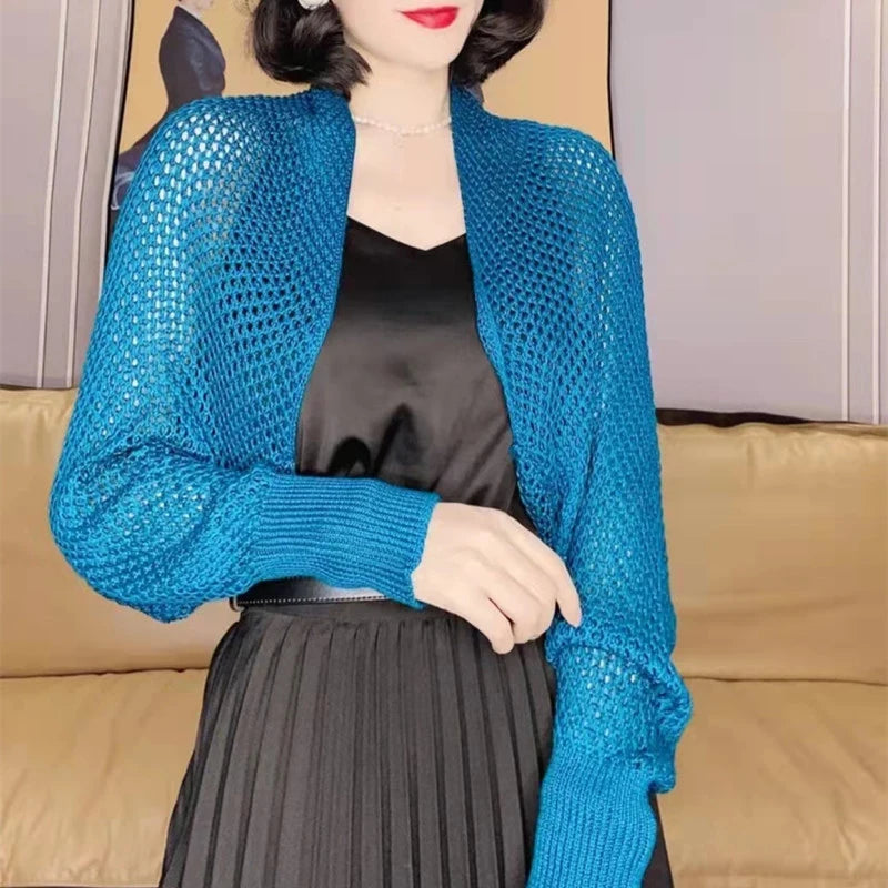Summer Women Solid Color Hollow Out Long Sleeve Sunscreen Loose Knitted Cardigan