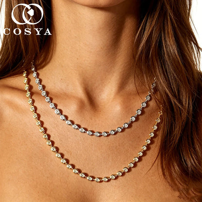COSYA 3mm All Round Moissanite Tennis Necklace for Women 100% S925 Silver Plated 18K Gold Bubble Certified Party Fine Jewelry