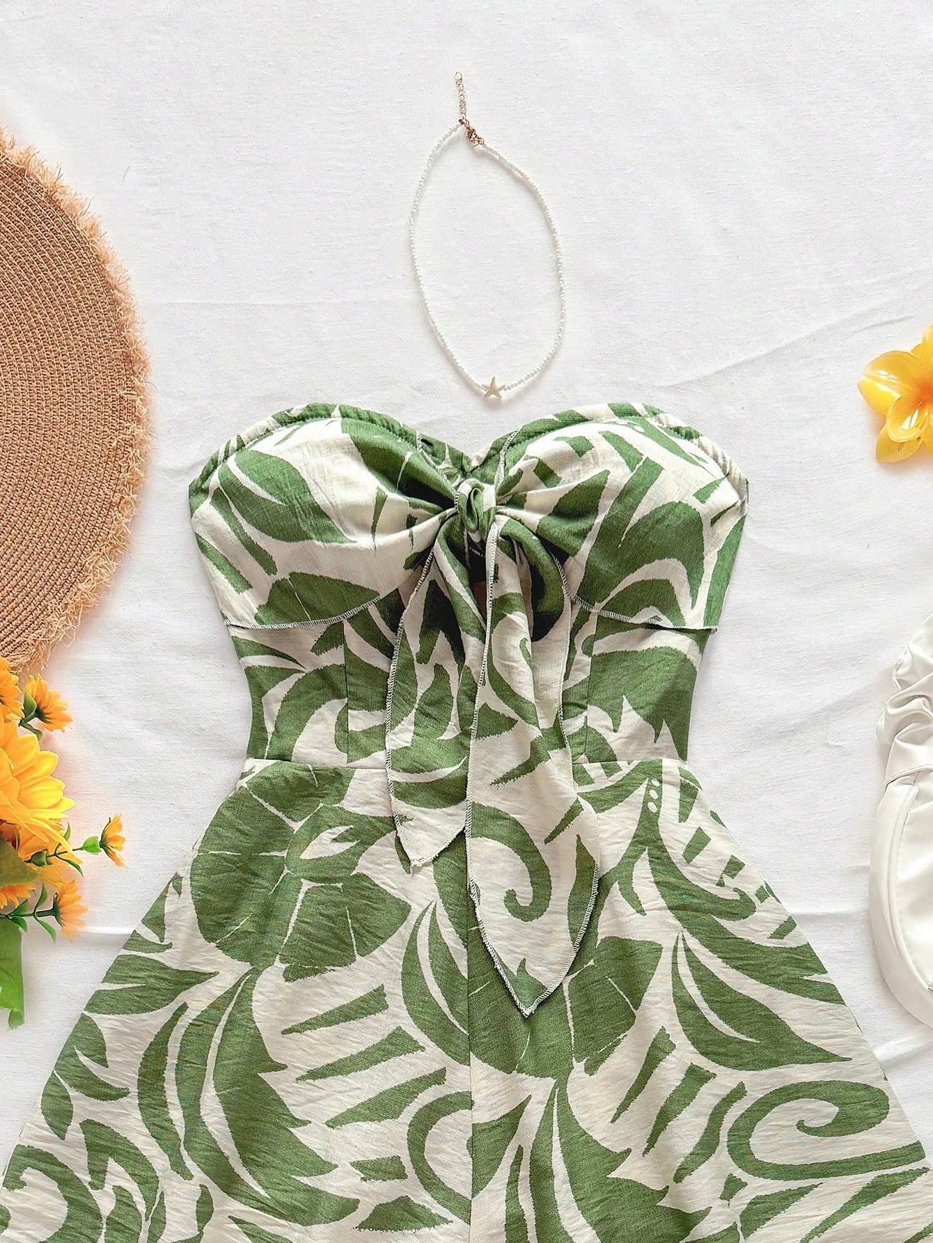 Women's Vacation Spring/Summer Carnival Cruise Party Watercolor Silhouette Printed Lace Up Front Knot Loose Strapless Jumpsuit