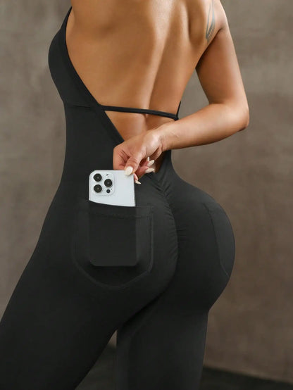 Solid Color High Elasticity Sports Overhead Sleeveless Backless Yoga Compression Leggings