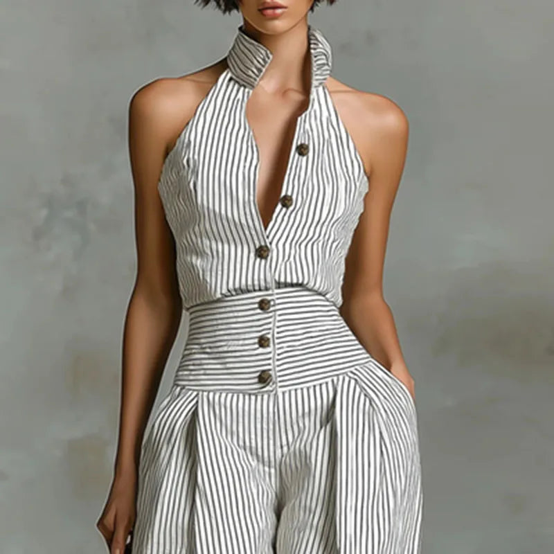 Office Lady Elegant Button Down Jumpsuit Spring Striped Print High Waist Woman Romper Elegant Sleeveless Wide Leg Pants Overalls