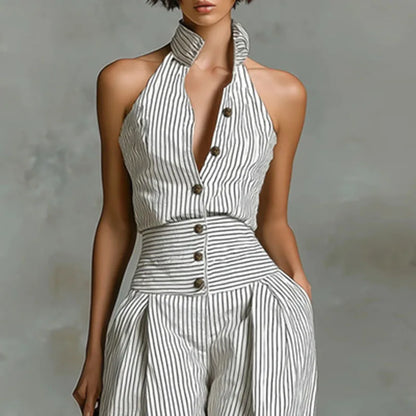 Office Lady Elegant Button Down Jumpsuit Spring Striped Print High Waist Woman Romper Elegant Sleeveless Wide Leg Pants Overalls