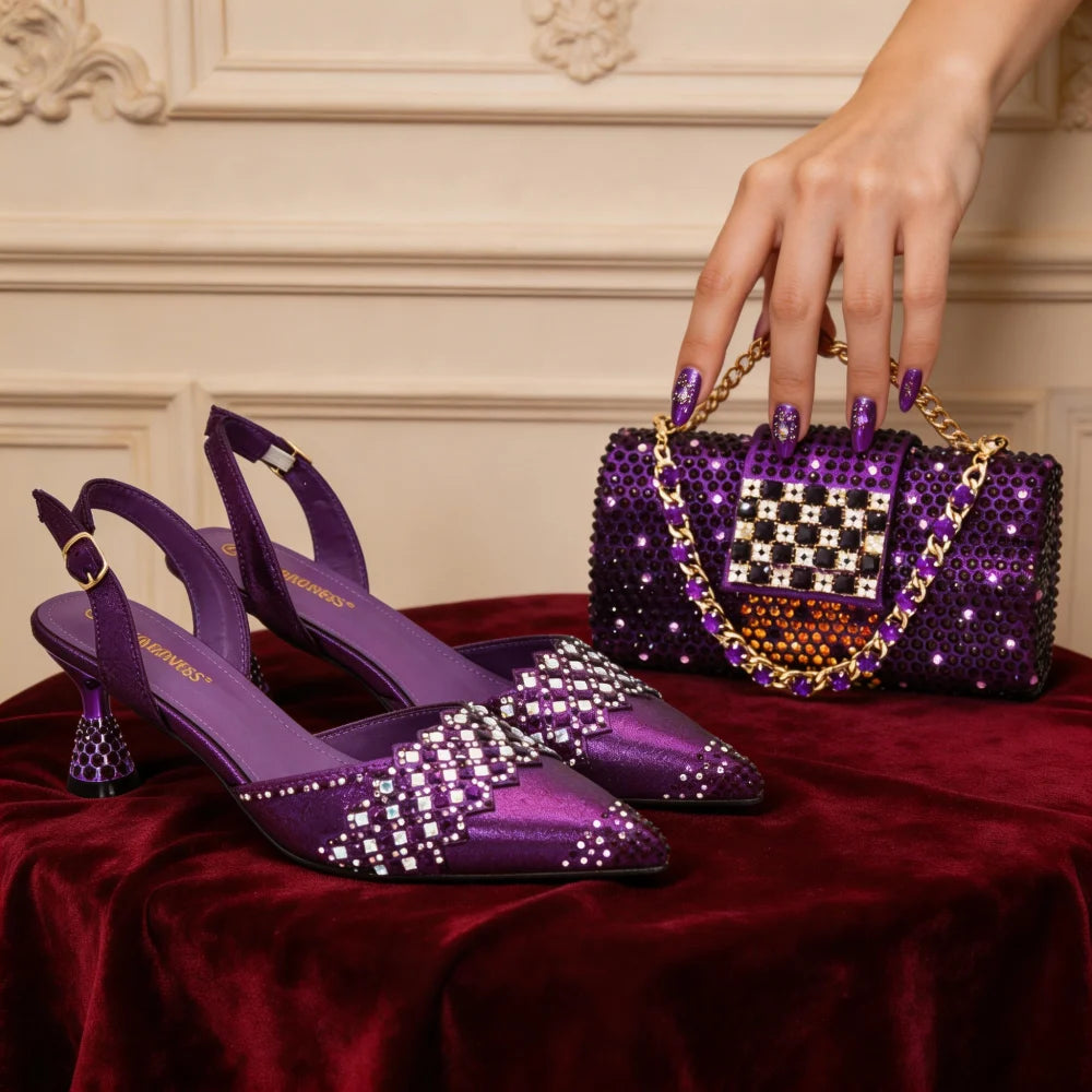 New Arrival Women Shoes and Bags To Match Set Nigeria Party African Matching Shoes and Bags Decorated with Rhinestone